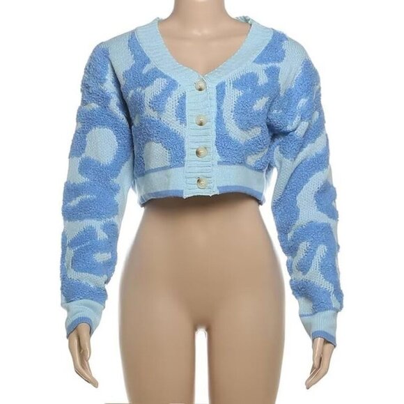 Women's Fashion Button Down Cardigan Sweaters Fall Slim Crop Knit Typed-Blue - Picture 5 of 5